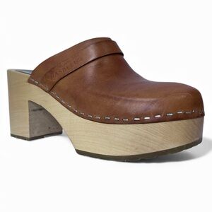 Swedish Hasbeens Slip In Platform Wooden Heel Clogs Natural Tan Leather Size 38